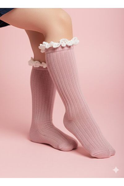 EKİNOKS Girl's Knee-High Socks Cotton Ribbed Lace Fragrant Breathable Anti-Sw...