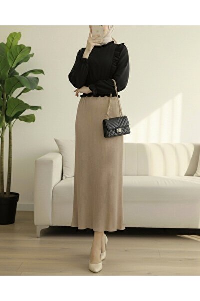 Modamorfo Beli Lastikli Pliseli Kalem Etek -Vizon