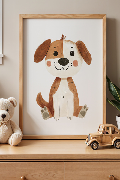 HİGUERA Γλυκό καφέ καθιστό σκυλί Παιδικό δωμάτιο Πίνακας τοίχου με φυσικό ξύλ...