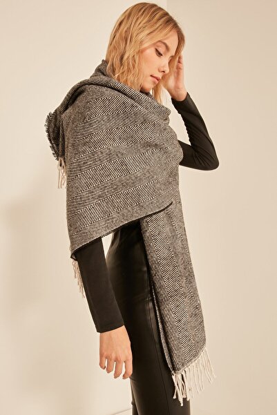 FELLMENS Μαύρο χοντρό γυναικείο σάλι με απαλή υφή με φούντες