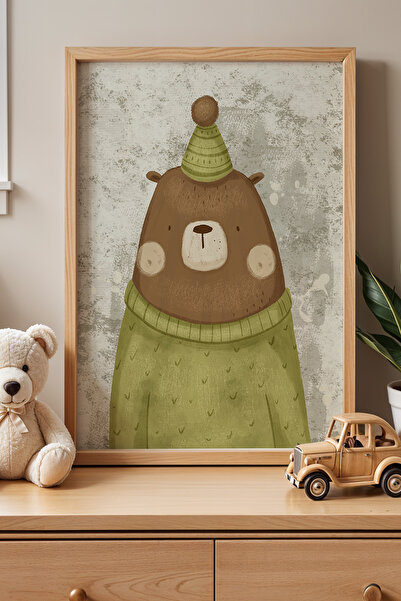 HİGUERA Παιδικό δωμάτιο Green Hat Bear Πίνακας τοίχου με φυσικό ξύλινο πλαίσιο