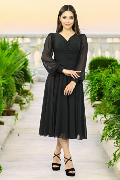 FaBe Fashion Uzun Kollu Sırtı Kapalı Kruvaze Yaka Midi Şifon Elbise