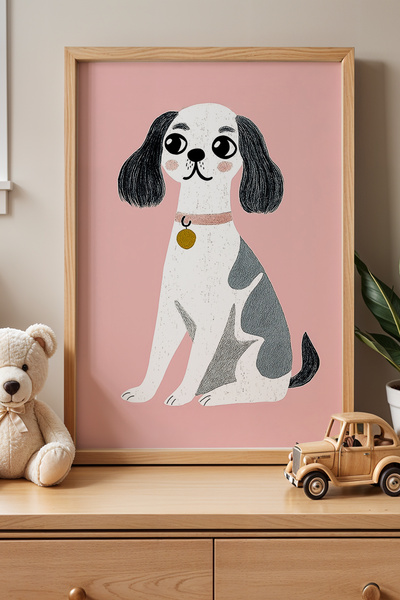HİGUERA Παιδικό δωμάτιο με κολάρο σκύλου με ροζ φόντο και φυσικό ξύλινο πλαίσ...