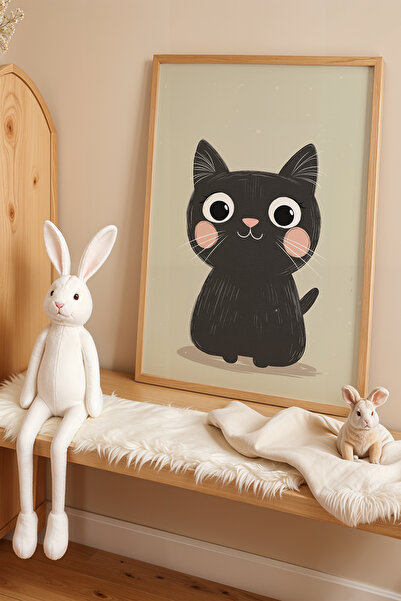 HİGUERA Smiling Sweet Black Cat Πίνακας Παιδικού Δωματίου με Φυσικό Ξύλινο Πλ...