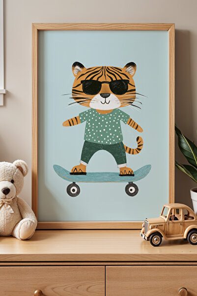 HİGUERA Blue Background Skateboarding Leopard Παιδικό Δωμάτιο Ζωγραφική τοίχο...