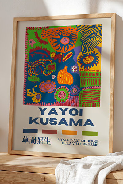 Opak Design Yayoi Kusama Style Colorful: Ζωγραφική Japandi με φυσικό ξύλινο π...
