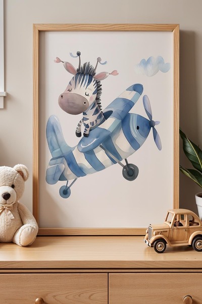 Opak Design Μπλε Χαριτωμένο Παιδικό Δωμάτιο Pilot Zebra Ζωγραφική τοίχου με ξ...