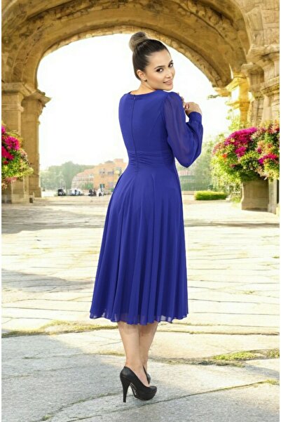 FaBe Fashion Uzun Kollu Sırtı Kapalı Kruvaze Yaka Midi Şifon Elbise