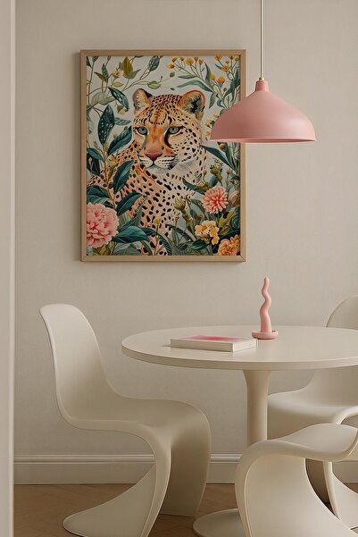 Opak Design Çiçekler İçinde Kaplan Sarı Maksimalist Sanatı Ahşap Çerçeveli Du...