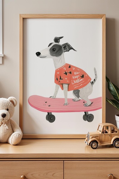 Opak Design Παιδικό δωμάτιο με μπλουζάκι σκύλου σε skateboard Πίνακας τοίχου ...