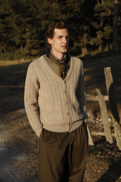 Desen Triko Men's V-Neck Thick Hair Braided Wool Coat Dark Beige