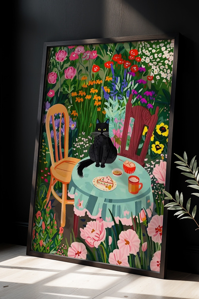 Opak Design Εκτύπωση τοίχου Floral Cat Botanical Art με φυσικό ξύλινο πλαίσιο