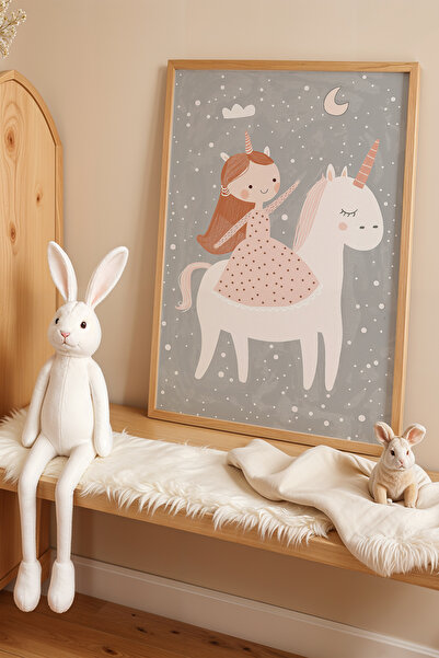 HİGUERA Unicorn ve Sevimli Kız - Doğal Ahşap Çerçeveli Çocuk Odası ve Bebek O...