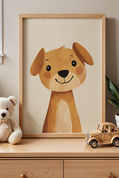 HİGUERA Πίνακας τοίχου με φυσικό ξύλινο πλαίσιο σε καφέ χαριτωμένο σκυλί παιδ...