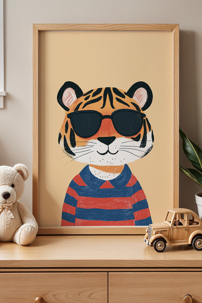 HİGUERA Cool Gözlüklü Kaplan Çocuk Odası Doğal Ahşap Çerçeveli Duvar Tablosu