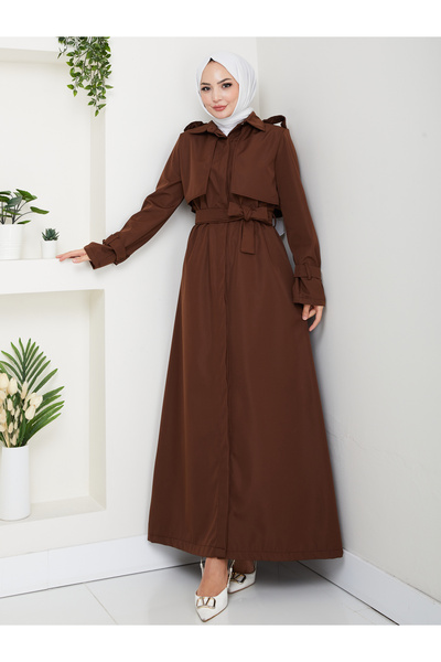 EFSUN MODA UZUN TRENCH 140 CM BOYUNDA TRENÇKOT KAHVE