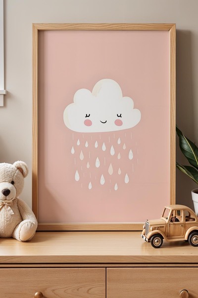 Opak Design Smiling Cloud Παιδικό Δωμάτιο με Ροζ Φόντο Ξύλινο Πλαίσιο Τοίχου