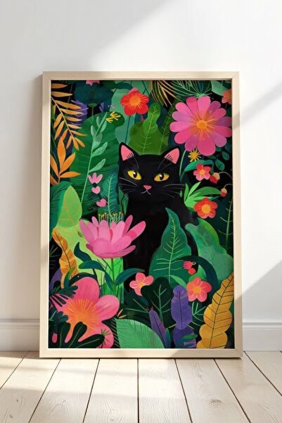 Opak Design Εκτύπωση τοίχου Floral Cat Botanical Art με φυσικό ξύλινο πλαίσιο