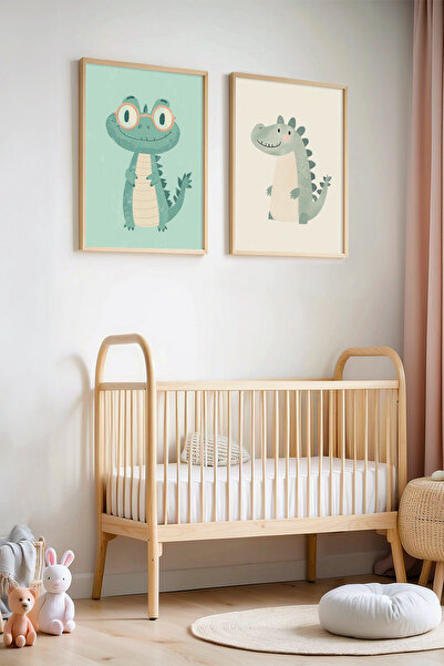 HİGUERA Πίνακας τοίχου με ξύλινο πλαίσιο 2 τεμαχίων κροκόδειλος και δεινόσαυρ...