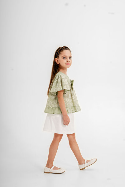 Gocoland Girl's 2-Piece Set, Embroidered Blouse and Belted Gabardine Skirt