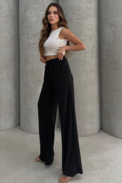 Lesa Wear Yumuşacık Yüksel Bel Geniş Paça Likralı Jarse Pantolon Flared