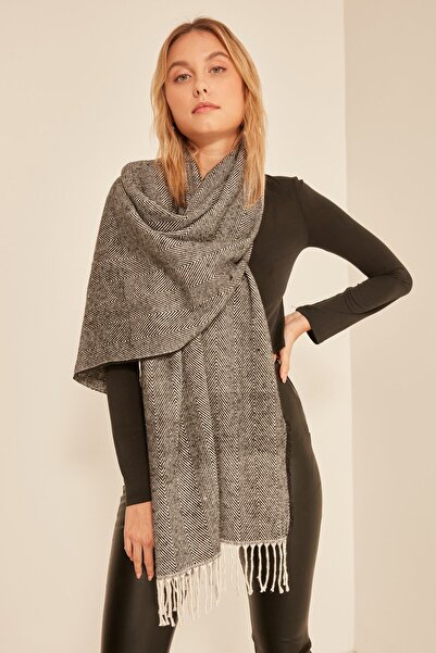 FELLMENS Μαύρο χοντρό γυναικείο σάλι με απαλή υφή με φούντες