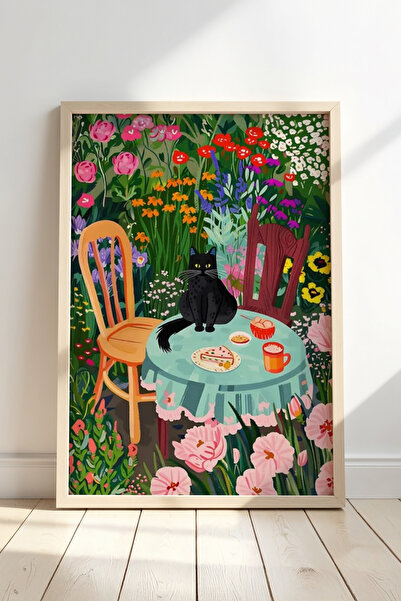 Opak Design Εκτύπωση τοίχου Floral Cat Botanical Art με φυσικό ξύλινο πλαίσιο