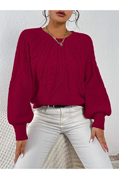 citystyle Pulover din tricot roșu Claret - păr împletit, decolteu, mânecă ita...