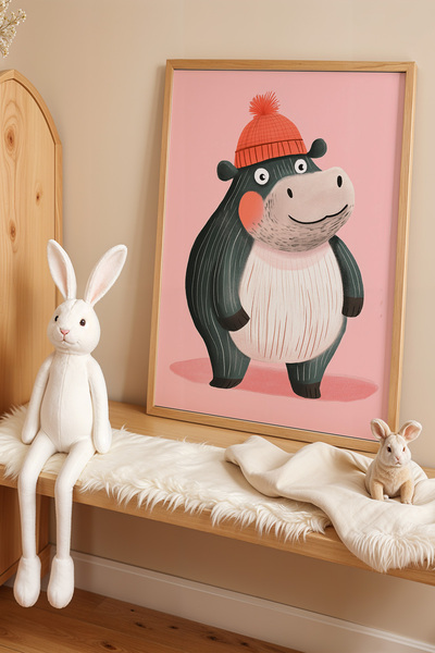 HİGUERA Παιδικό δωμάτιο Pink Beret Hippopotamus Πίνακας τοίχου με φυσικό ξύλι...