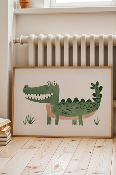 HİGUERA Χαριτωμένος χαμογελαστός κροκόδειλος με φυσικό ξύλινο πλαίσιο Πίνακας...