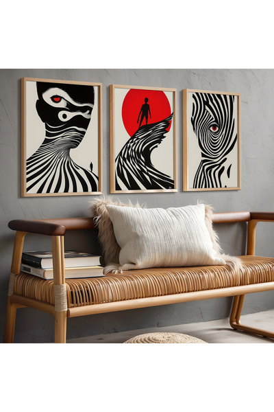 Opak Design Αφηρημένο ασπρόμαυρο μινιμαλιστικό σετ τριών πινάκων τοίχου με φυ...