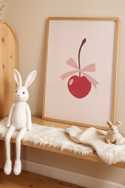 HİGUERA Pink Bow Cherry Παιδικό Δωμάτιο Πίνακας τοίχου με φυσικό ξύλινο πλαίσιο