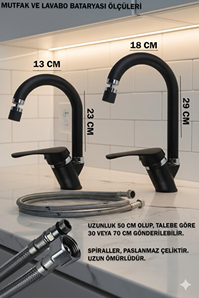 tesitay Mat Siyah Lavabo Banyo Mutfak Bataryası Robot Duş Seti Siyah Banyo Seti Armatür Musluk Batarya