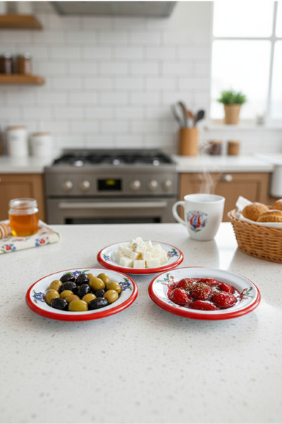 İnci Emaye 3 Pieces 14cm Enamel Plate Set, Breakfast Plate, Jam, Olive, Cheese Plate, Dowry, Christmas Gift