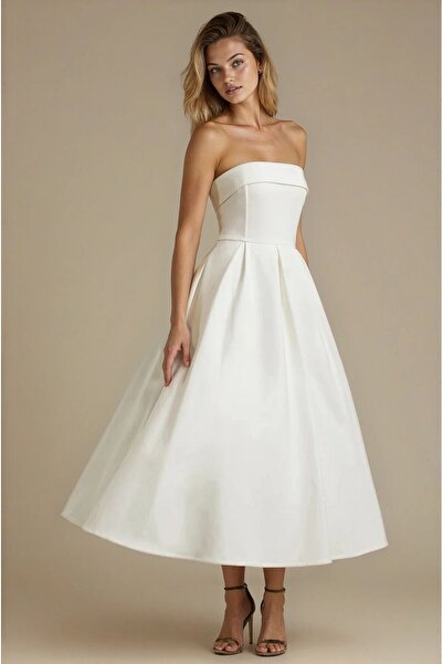 OLSAMODA KADIN ATLAS KUMAŞ STRAPLEZ YAKA KLOŞ KESİM UZUN BOY DÜĞÜN NİŞAN DAVET ELBİSESİ