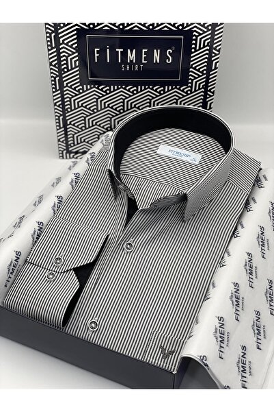 Fitmens قميص رجالي كلاسيكي بأكمام طويلة وخطوط رفيعة مع جيب وعلبة هدايا FS-003317 - أبيض وأسود