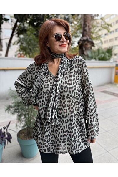 DenizEge Italian Scarf Shirt Leopard Sweater Çağla Yeşil