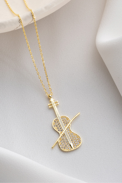 Two Arts Jewelry 925 Ayar Gümüş Keman Şekilli Zirkon Taşlı Kolye – Zirkon Taşlı – Kadın