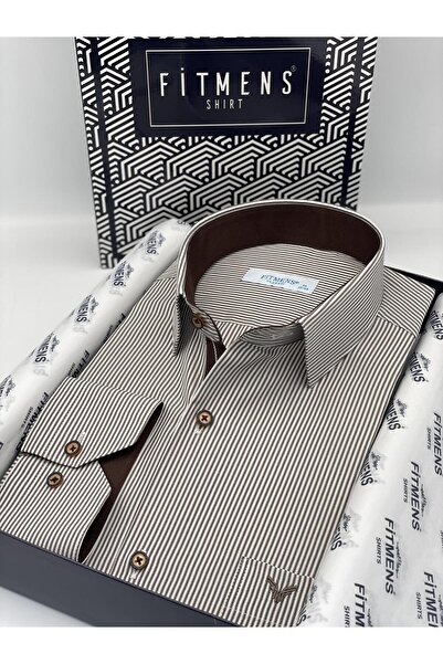 Fitmens قميص رجالي كلاسيكي بأكمام طويلة وخطوط رفيعة مع جيب وعلبة هدايا FS-003317 - أبيض بني