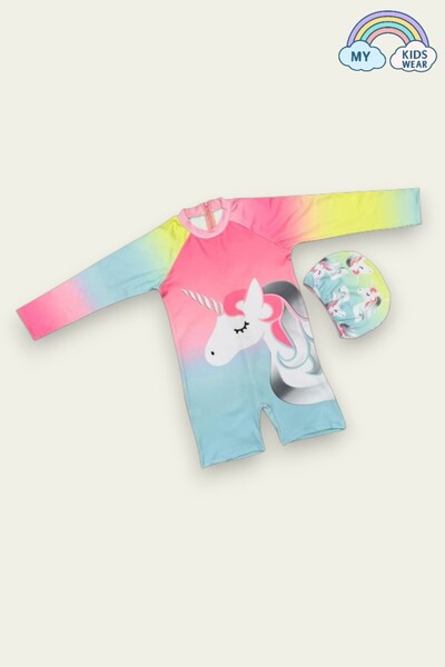 My Kids Wear Kız Çocuk Tam Vücut Sırt Fermuarlı Mayo Süper Desen Baskılı Boneli Takım