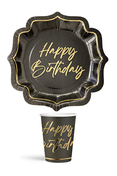 parti pera Siyah Gold Yaldızlı Happy Birthday Yazılı Karton Tabak Bardak Seti 8'li