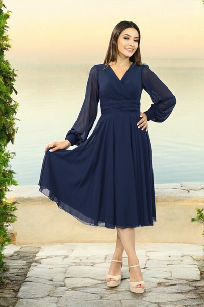 FaBe Fashion فستان شيفون ميدي بأكمام طويلة وياقة مزدوجة الصدر