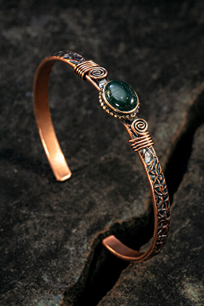 Otto Man Steel Jewelry Yeşil Akik Doğal Taş İşlemeli Erkek Kadın Bakır Kelepç...