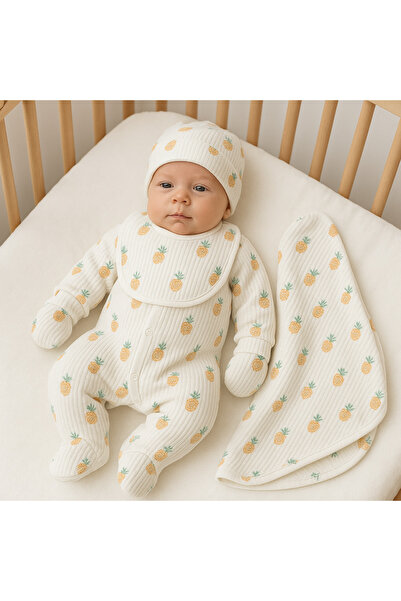 BYS BABY FASHION Ananas Desenli 5 Parça Pamuklu Yenidoğan Kız - Erkek Bebek H...