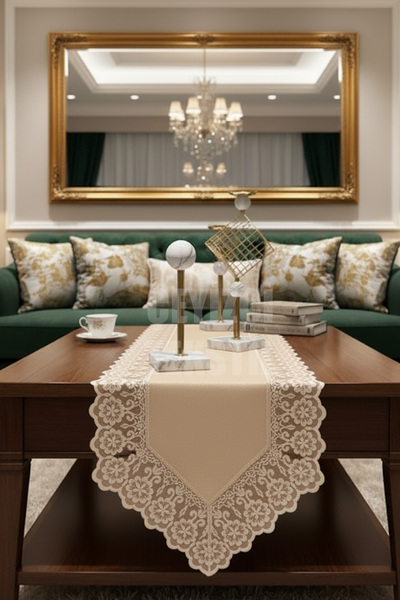 Çt Çeyizci Tekstil Βελούδινη δαντέλα Λεπτομερής Cappuccino Runner (140x40cm)