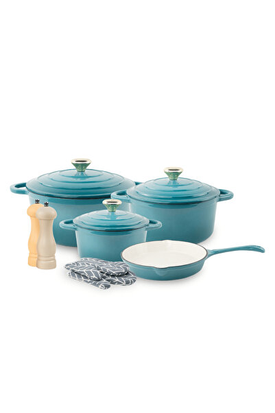 VAV GET طقم أواني طهي هولندي من الحديد الزهر المطلي بالمينا، مكون من 7 قطع، مع أغطية وقفازات ومطحنتين للتوابل