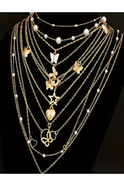 ALOUCHE KOZMETİK 11'li Altın Renk Çoklu Kolye Seti | Zarif İnci & Kelebek Det...