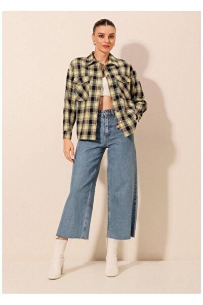 Pafi Moda Audrey Yüksek Kalite Ekose Desen Çift Cepli Kadın Gömlek Yeşil