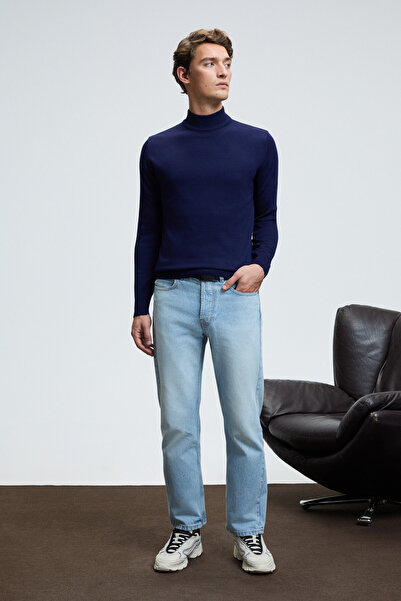 GRIMELANGE REBEL Чоловічий светр з напіврибальським коміром Basic Slim Fit Трикотаж Синій светр