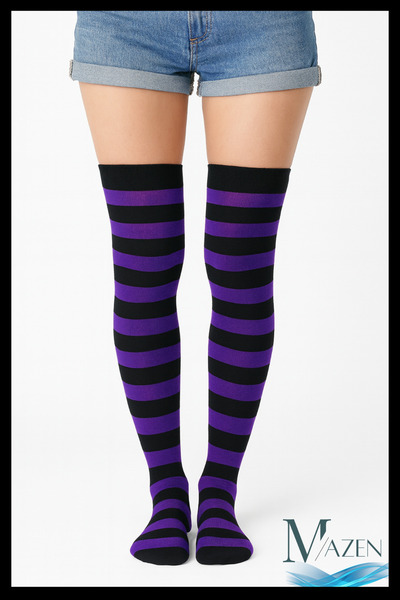 MAZEN Mor-Siyah Çizgili Uzun Çorap | Dizüstü Schoolgirl Stil | Kadın Yüksek Ç...